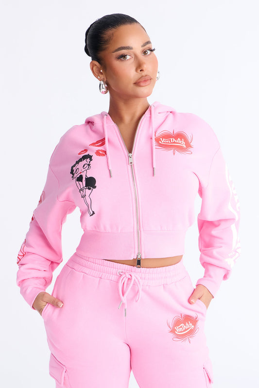 Von Dutch x Betty Boop Fleece Smooch Print Sweatshirt Zip Up - Pink