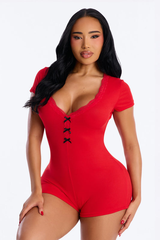 Thinking Of You Ribbed Short Sleeve PJ Romper Onesie - Red