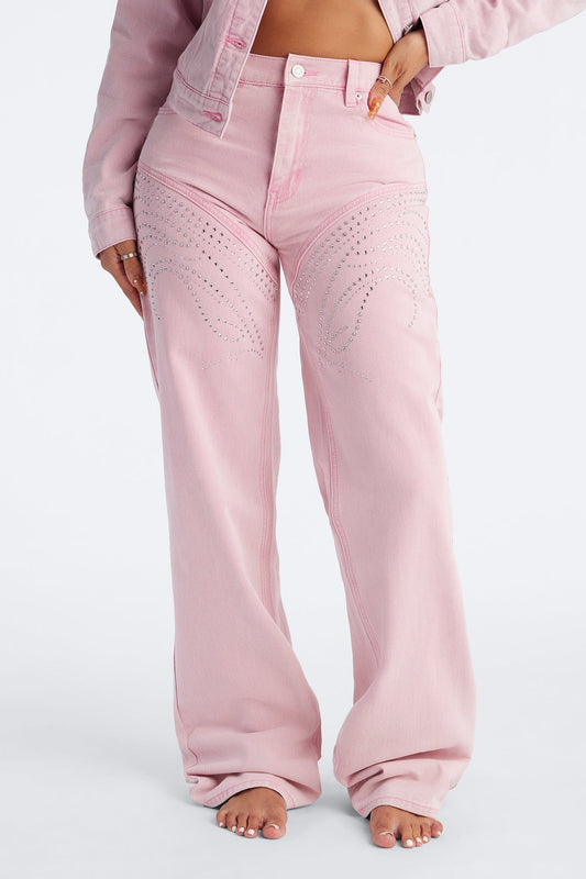Crush On You Low Rise Embellished Jeans - Pink