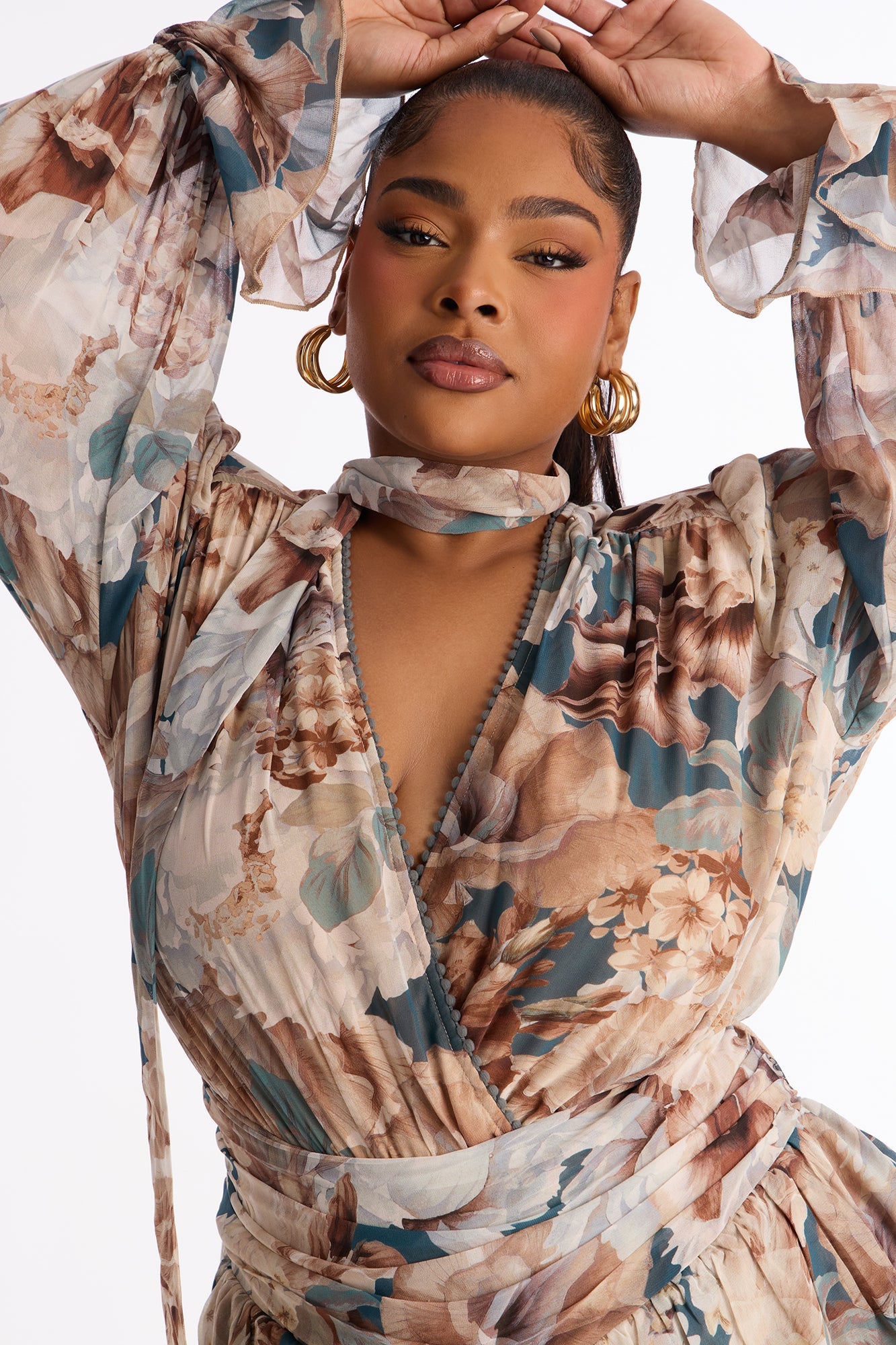 Cynthia Chiffon Long Sleeve Romper With Scarf - Taupe/combo