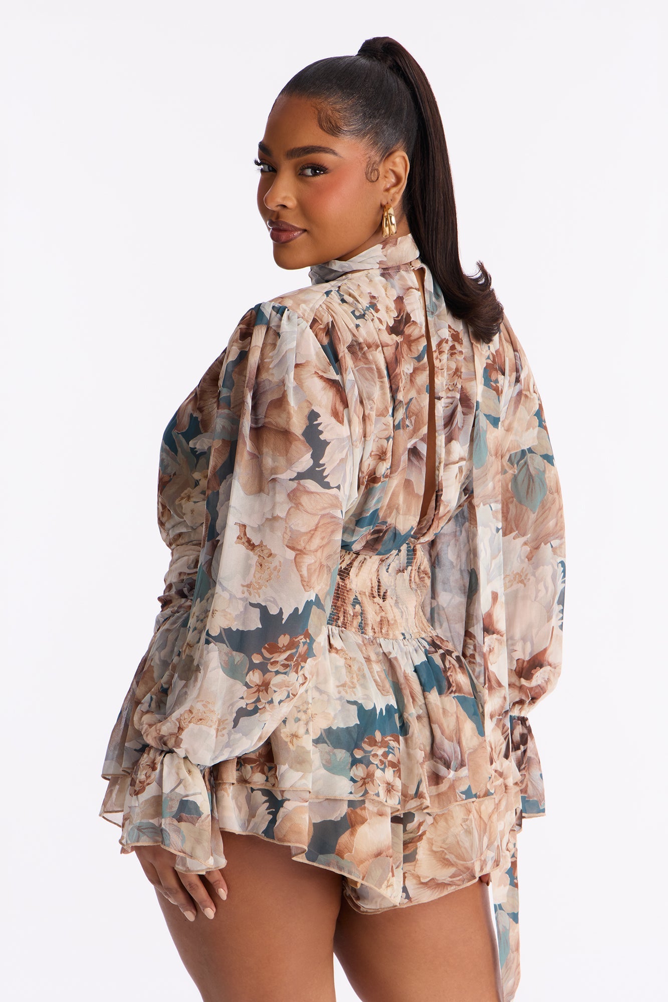 Cynthia Chiffon Long Sleeve Romper With Scarf - Taupe/combo