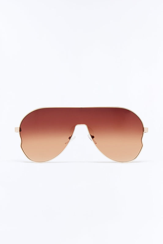 Winged Eyes Shield Sunglasses - Gold/Brown