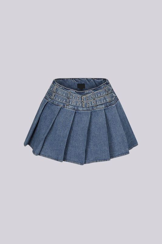 Lock Me In Pleated Denim Mini Skirt