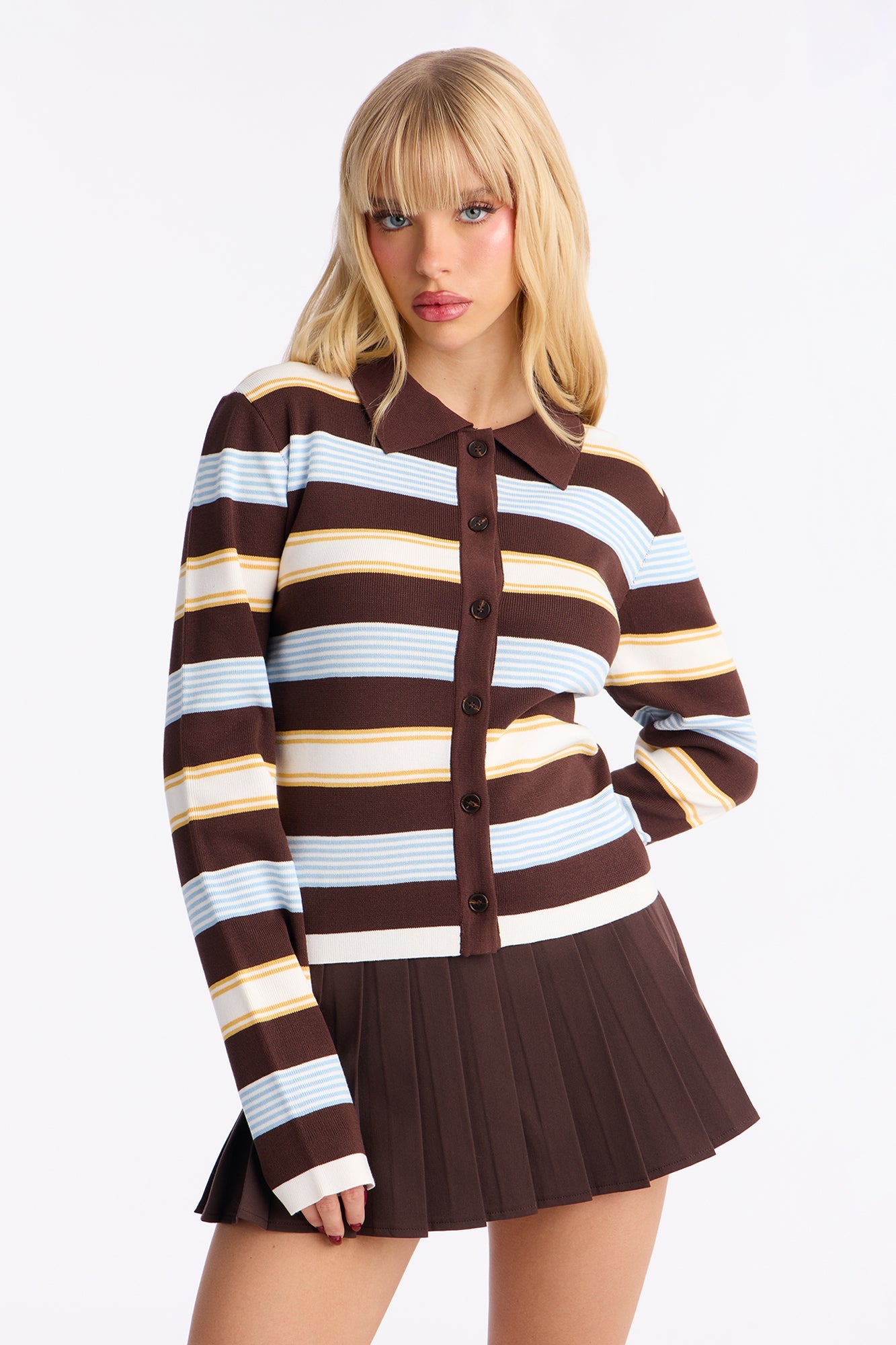 Above Average Collared Striped Cardigan - Brown/combo