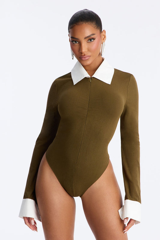 Ultimatum Collared Long Sleeve Bodysuit - Olive/combo