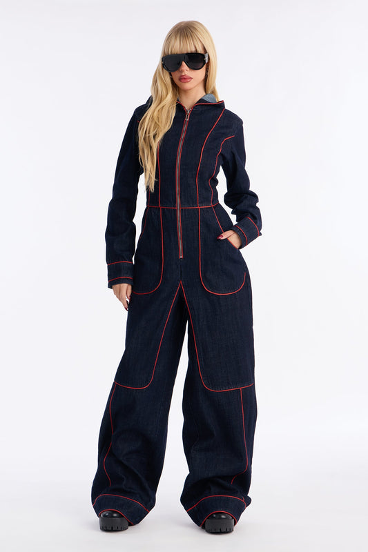 Lara Contrast Trim Denim Hooded Jumpsuit - Dark Wash