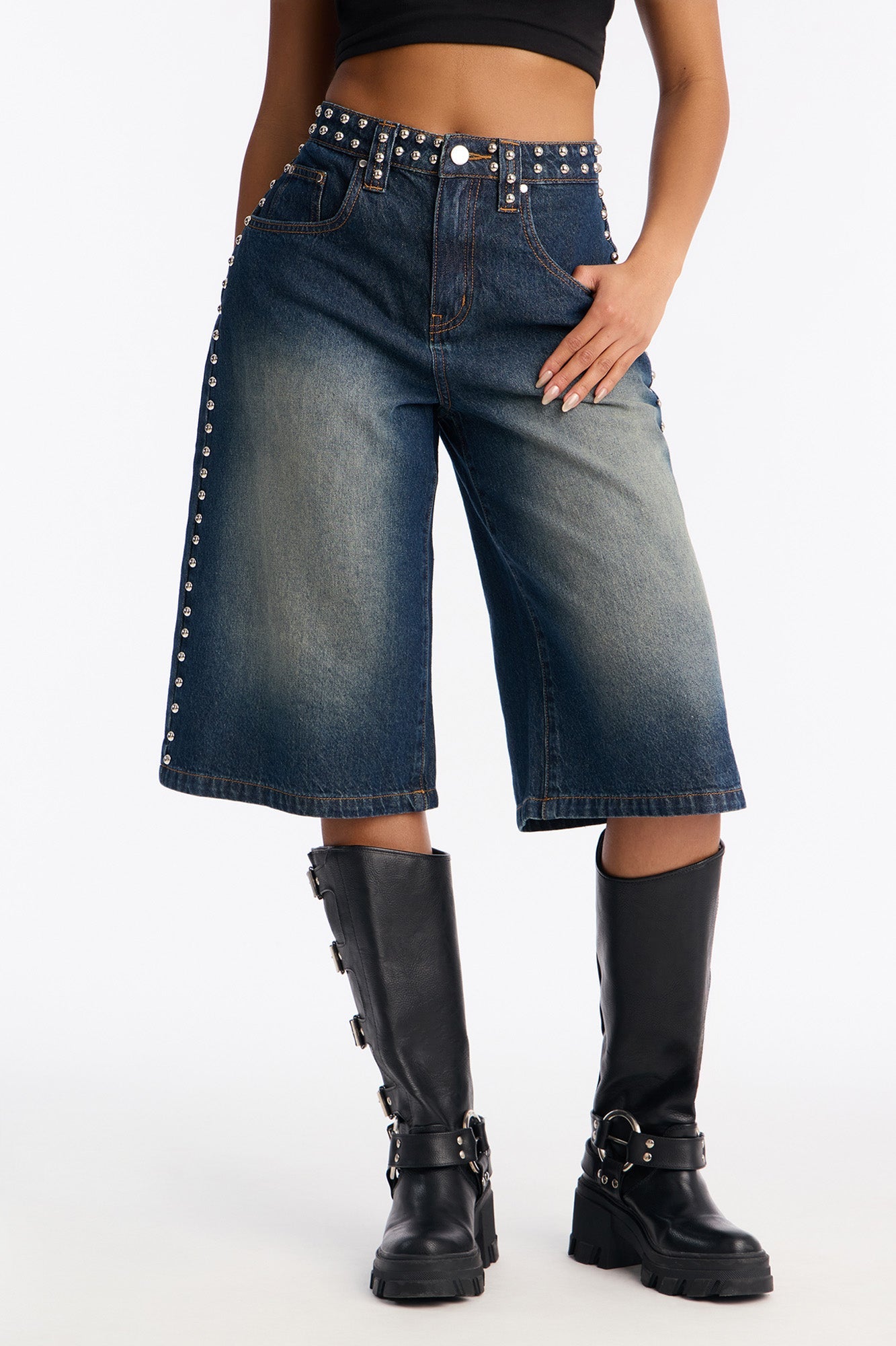 City Line Studded Denim Jorts - Vintage Wash