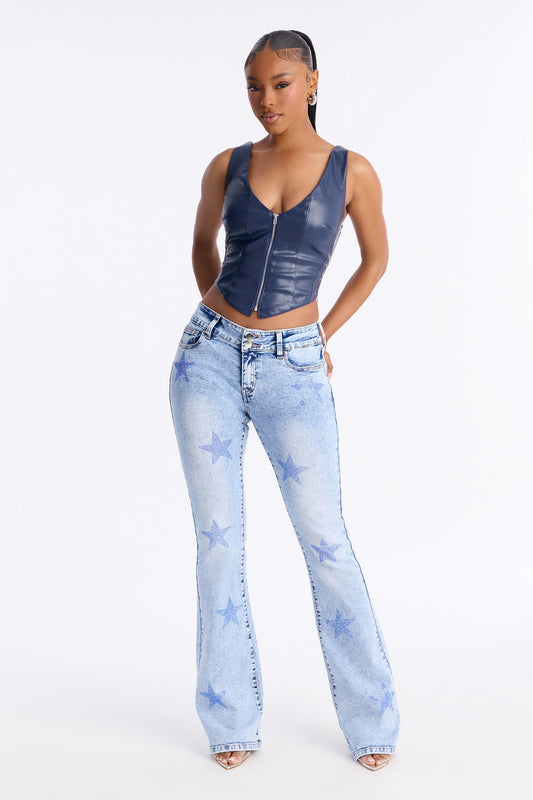 Stars Align Low Rise Embellished Bootcut Jeans - Light Wash