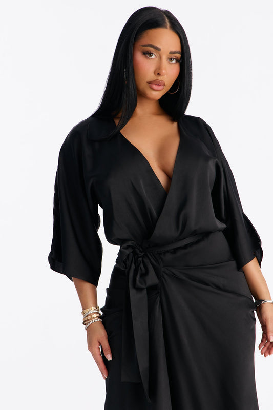 Sleek Taste Satin Maxi Dress - Black
