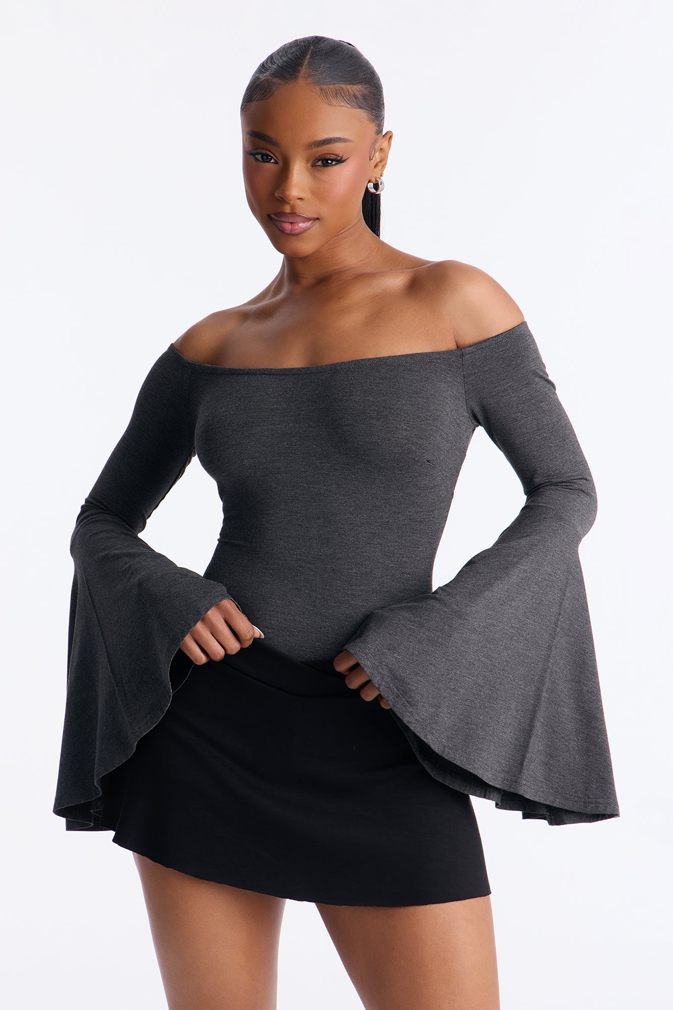 Shani Long Sleeve Off Shoulder Top - Charcoal