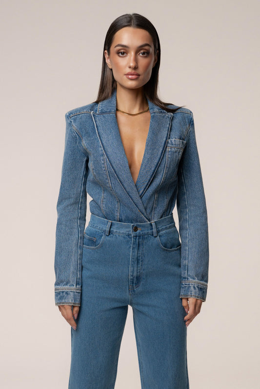 Medium Wash Dominica Structured Denim Bodysuit
